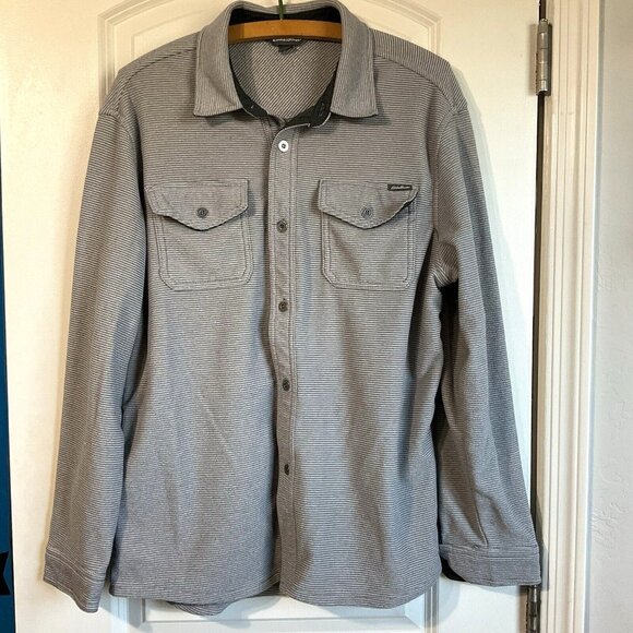 Eddie Bauer Shirt Mens Large Gray Jacket Shacket Fleece Button‎ Front Striped - Picture 1 of 10